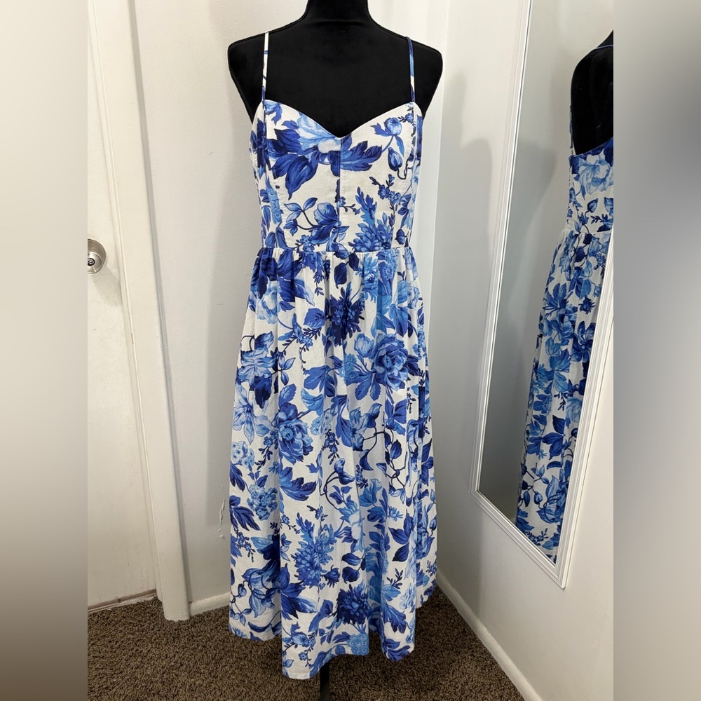 H&M Blue Floral Spaghetti-Strap Midi Dress